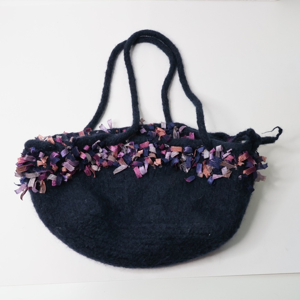 Handmade Felted Wool Tote Bag Navy Blue Ribbon Fringe Trim Boho Artsy Shoulder